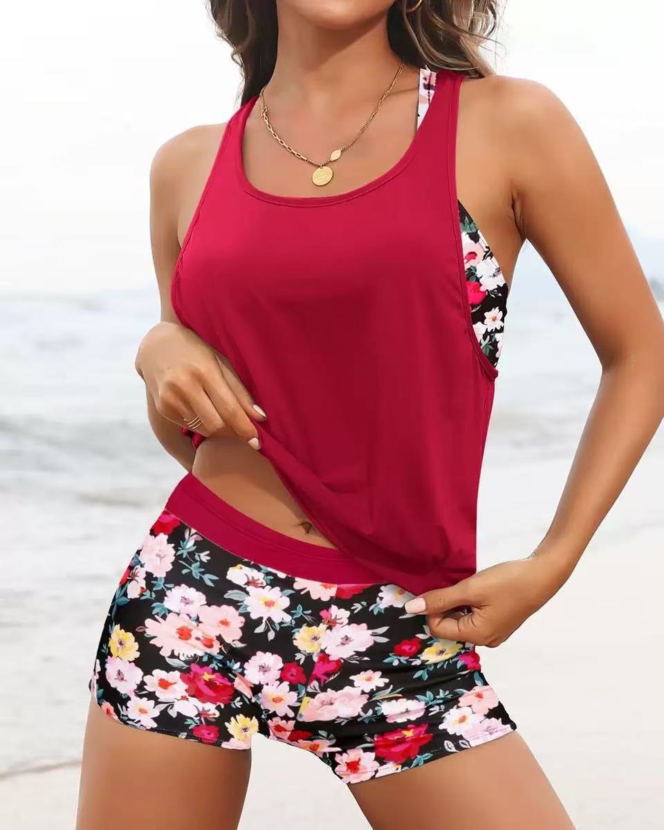 Open Back Three Piece Tankini and Boyshort Set - color-20-red-floral-longline