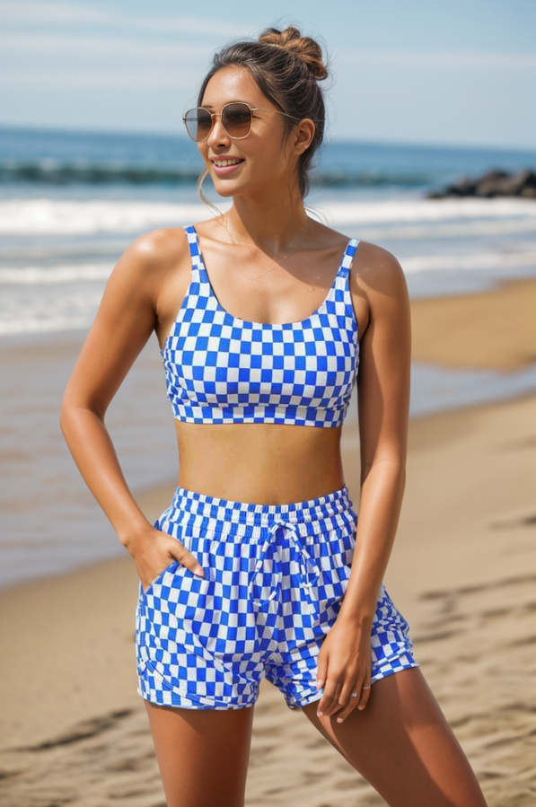 Blue & White Square Lattice Square Neck Wide Straps Sporty Bikini Top And High-Waist Boy Shorts Main image