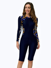 Printed Panel Zip-Front Long-Sleeve Rash Guard Swimsuit - main-01