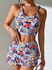 Floral Tie Strap Crop Tankini and Skirted Bottom Set
