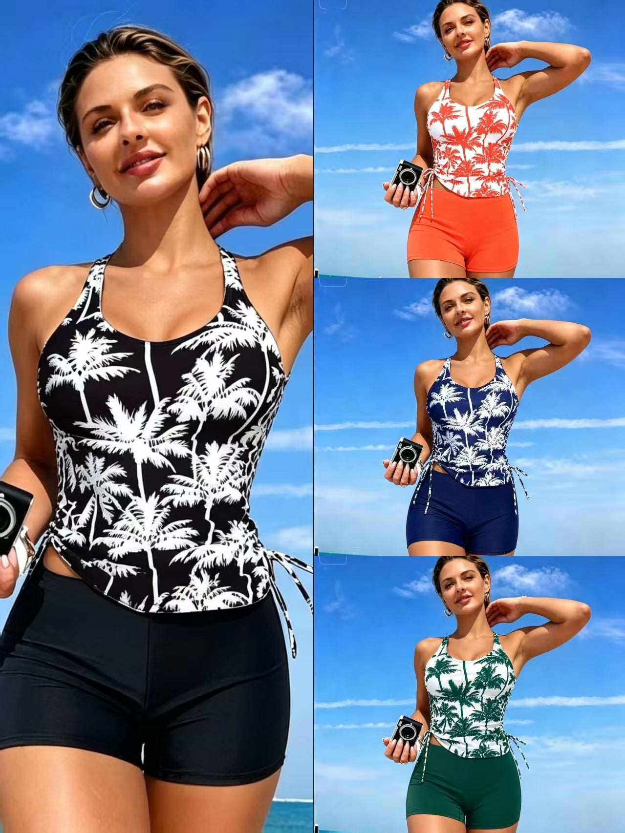 Palm Print Ruched Tankini and Boyshort Set