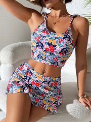 Floral Tie Strap Crop Tankini and Skirted Bottom Set - main-02
