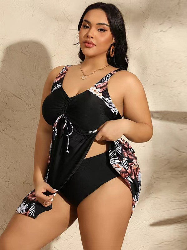 Printed Tie-Front Plus Size Swim Dress Set - main-02