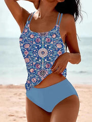 Double Strap Floral Tankini and High Waisted Swim Set - main-03
