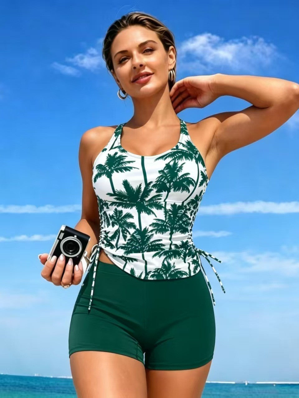 Palm Print Ruched Tankini and Boyshort Set - main-03