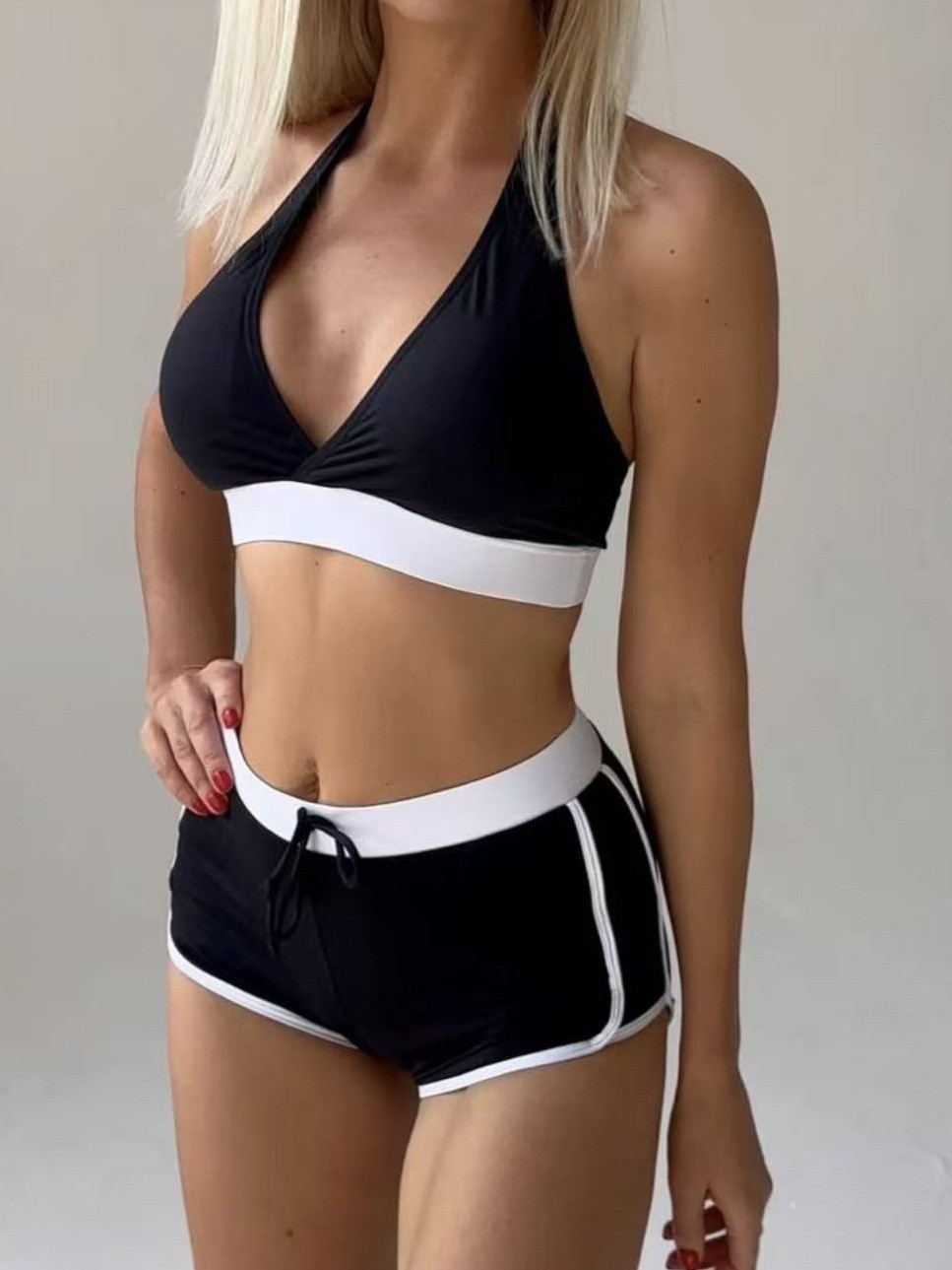Contrast Trim Halter High Waisted Bikini Set - main-03