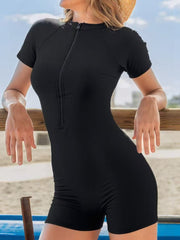 Zip-Front Short-Sleeve Boyleg One-Piece Swimsuit - main-03
