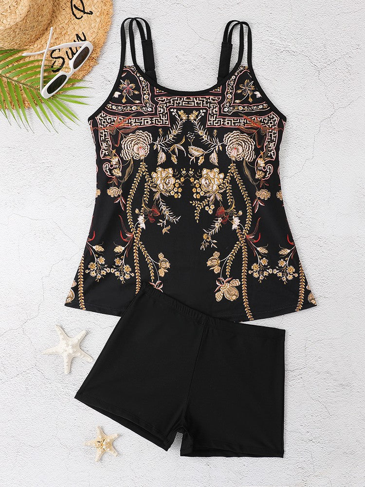 Floral Print Adjustable Strap Tankini and Boyshort Set - main-03