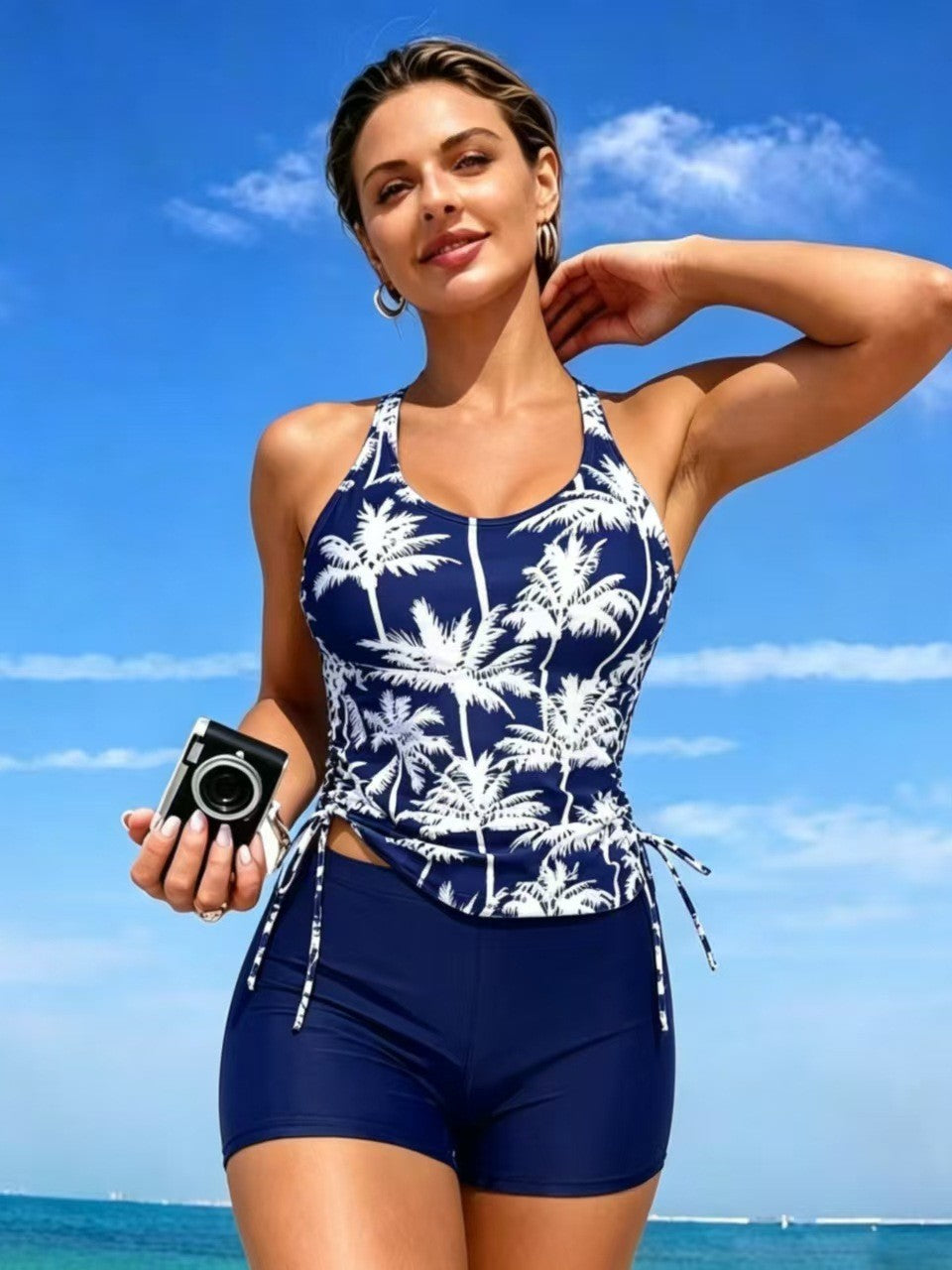 Palm Print Ruched Tankini and Boyshort Set - main-04