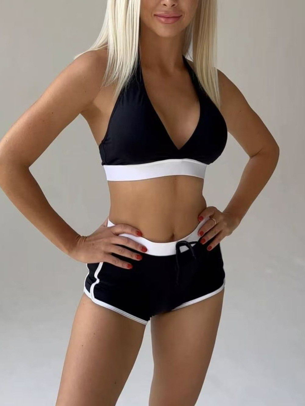 Contrast Trim Halter High Waisted Bikini Set - main-04