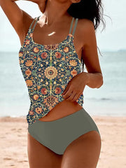 Double Strap Floral Tankini and High Waisted Swim Set - main-04