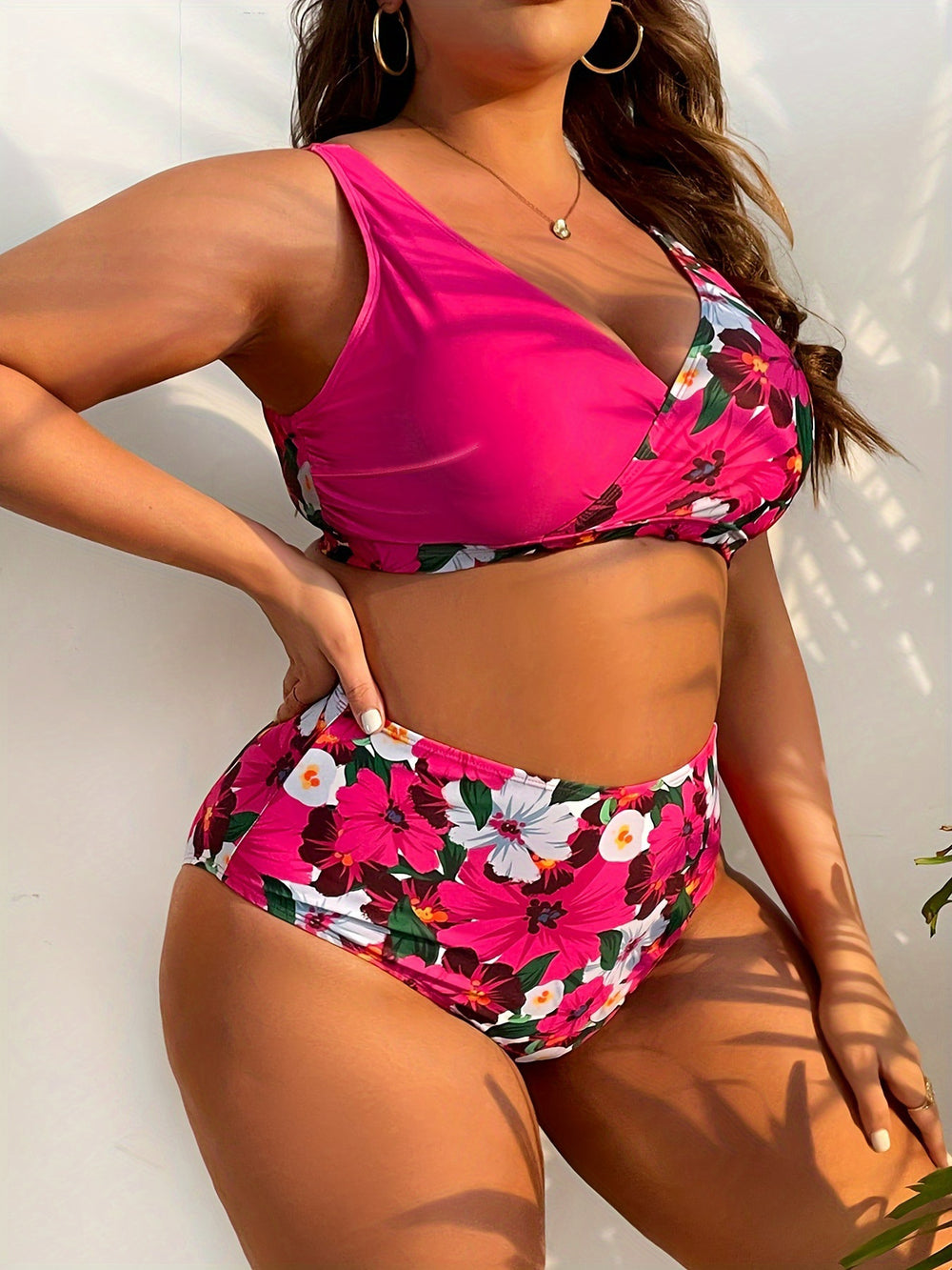 Contrast Floral Wrap Plus Size Bikini Set - main-04