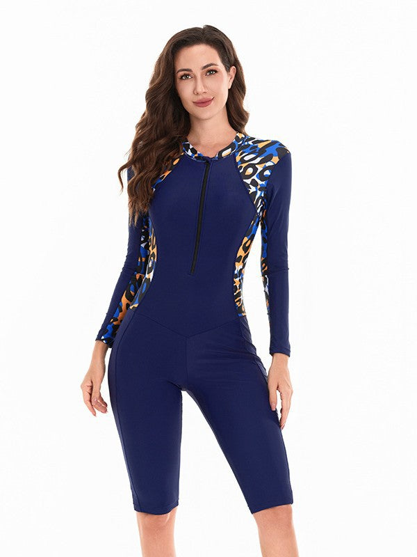 Printed Panel Zip-Front Long-Sleeve Rash Guard Swimsuit - main-04