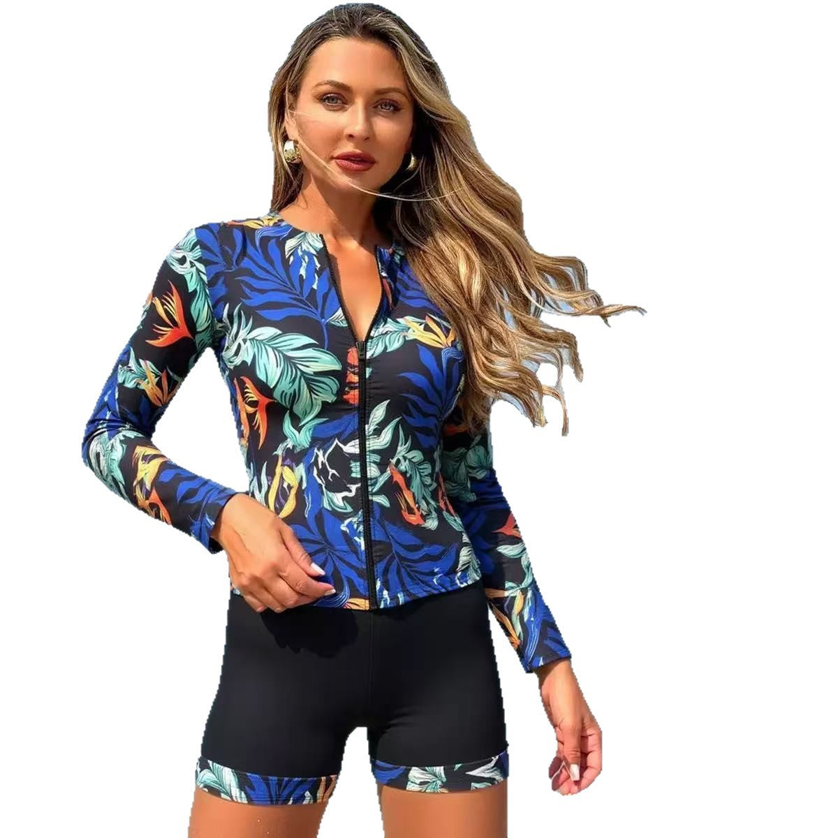 Tropical Print Zip-Front Long-Sleeve Rash Guard Set - main-05