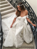 A-line Off-the-shoulder Sweep Train Off White Wedding Dress with Appliques OKR14