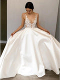 A-line Deep V-Neck Floor-Length Satin Wedding Dress with Lace Appliques OKR42