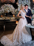 Elegant A-Line V-Neck Sweep Train Ivory Wedding Dresses with Appliques OKM26