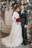 A-line Bateau Long Sleeves Ruffles Tulle Elegant Wedding Dress OKS30