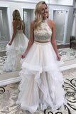 Two Piece Off White High Neck Prom Dresses, Cheap A Line Evening Dresses OKJ45