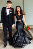 Black 2 Pieces Off Shoulder Mermaid Elegant Prom Dress With Layers OKJ72