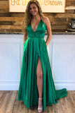 Green A Line  Halter Sexy Split Prom Dress With Pockets OKJ75