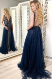 Navy Blue Tulle Sequins Prom Dress, Long Formal Prom Dress OKJ78