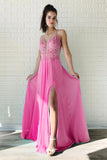 A Line Chiffon Long Split Prom Dresses, Cheap Lace Up Back Evening Dresses OKJ52