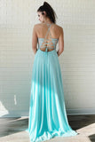 A Line Chiffon Long Split Prom Dresses, Cheap Lace Up Back Evening Dresses OKJ52