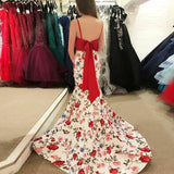 Mermaid Spaghetti Straps Floral Print Red Top Prom Dress OKI84