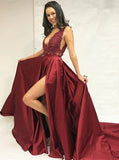 Sexy Burgundy Beading Slit Skirt Evening Dress, Graduation School Party Gown OKI86