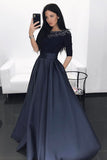 A-Line Bateau Half Sleeves Dark Blue Prom Dresses with Beading Pockets OKL82