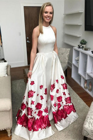 Mermaid Sleeveless Long White Printed Detachable Prom Dresses OKL36