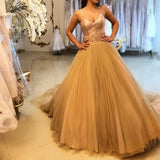 Pretty A-Line Spaghetti Straps Tulle Gold Long Prom Dress OKH7