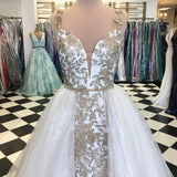 A-Line Spaghetti Straps Floor Length White Detachable Train Prom Dresses with Appliques OKQ65