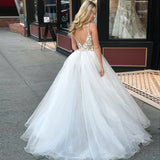 A-Line Spaghetti Straps Floor Length White Detachable Train Prom Dresses with Appliques OKQ65