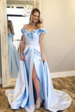 A-Line Off-the-Shoulder Light Blue Split Prom Dresses with Flowers Pockets OKP9