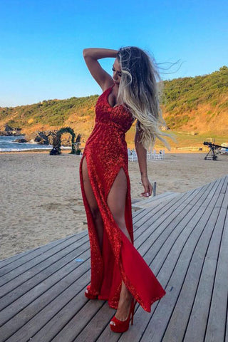 Sheath Spaghetti Straps Backless Red Sequined Prom Dresses with Split OKP8