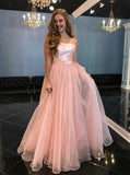 A-Line Strapless Floor-Length Pink Tulle Prom Dresses with Belt OKL67