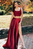 Two Pieces Scoop Sleeveless Burgundy Split Sexy Long Prom Dress OKG97