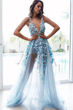 A-Line V-Neck Backless Light Blue Prom Dresses with Appliques OKL75