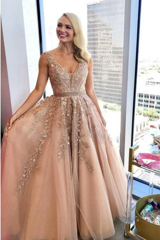 A-line V-Neck Floor-Length Prom Dress with Appliques Beading OKQ88