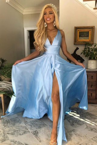 Charming A-Line V-Neck Open Back Light Blue Prom Dresses with Split OKN16