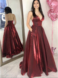 Simple A-Line Spaghetti Straps Floor-Length Burgundy Prom Dresses with Pockets OKN22