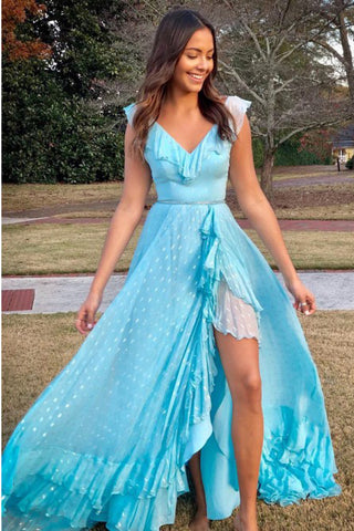 A-Line V-Neck Lace Up Light Blue Long Prom Dresses with Beading Split OKN24