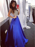 A-Line Halter Backless Sweep Train Royal Blue Prom Dresses with Beading Pockets OKN33