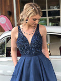 A-line Satin Beading V Neck Navy Blue Prom Dress With Pockets OKT45