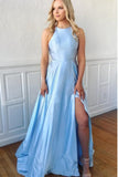 Light Blue Satin Split Long Simple Prom Dress Formal Party Dress OKT46