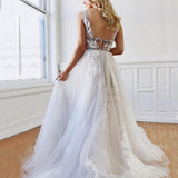 A Line Deep V-Neck Backless White Tulle Prom Dresses With Appliques OKQ63