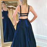 A Line Spaghetti Straps Sweep Train Drak Navy Prom Dresses With Pocktes OKQ56