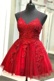 Straps Short Homecoming Dress Lace Applique Red Short Prom Dress OM492